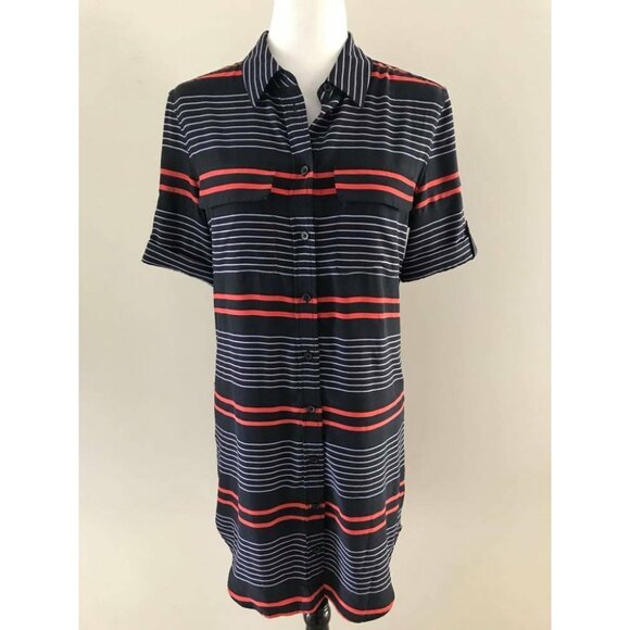 EQUIPMENT FEMME Short Sleeve Silk Signature Shirtdress Size XS Blue Red Striped - Picture 2 of 7